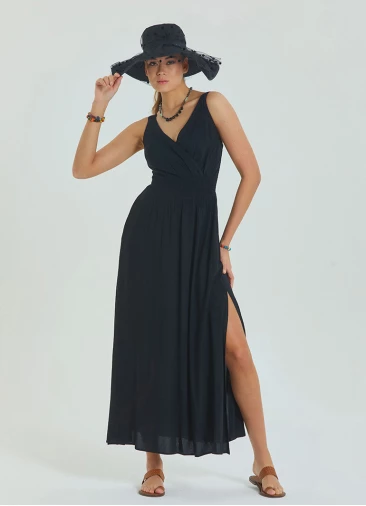 V Neck Double Breasted Black Long Dress 4560